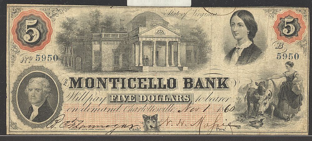 Charlottesville, VA, The Monticello Bank, 1860 $5, 5950, Ch.F
